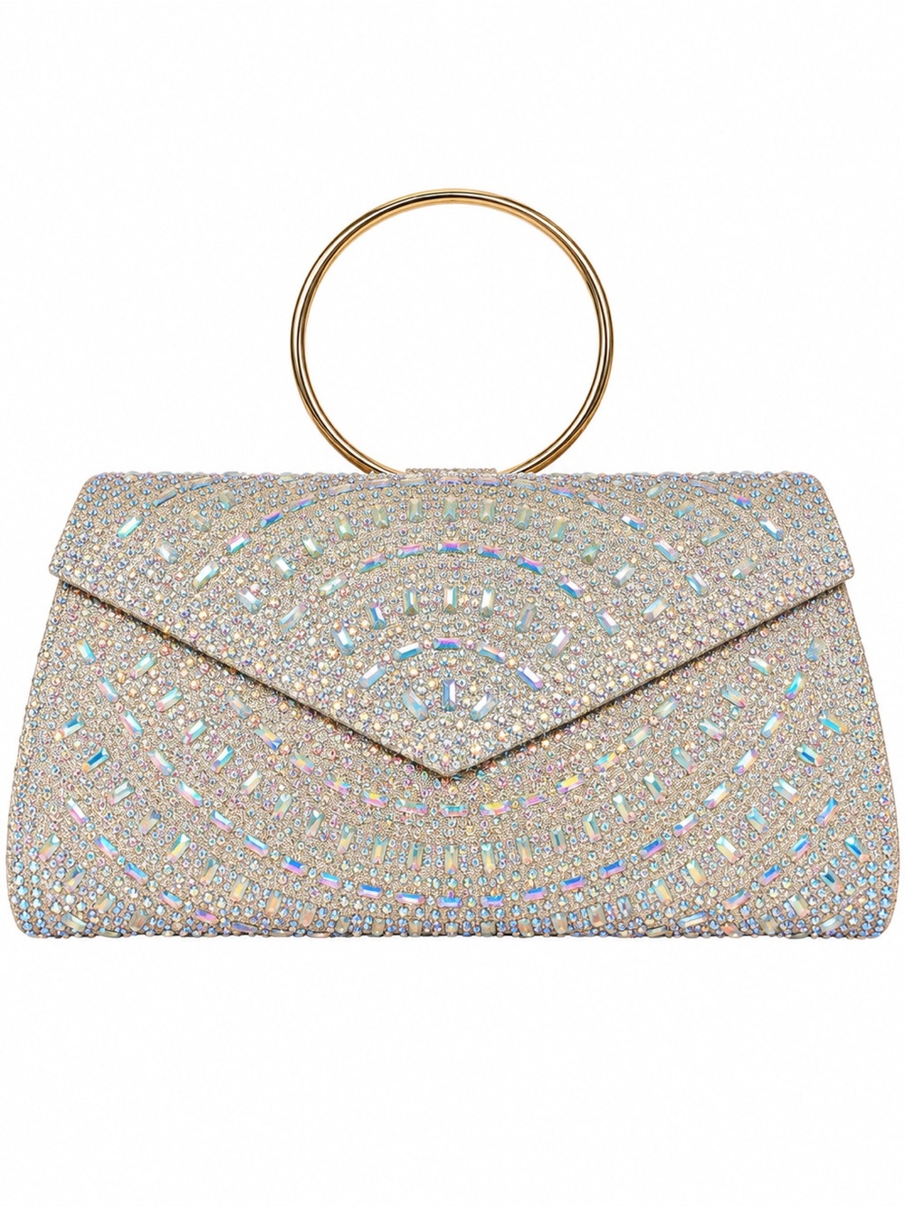 Crystal-Embellished Ivory Evening Clutch with Gold Ring Handle